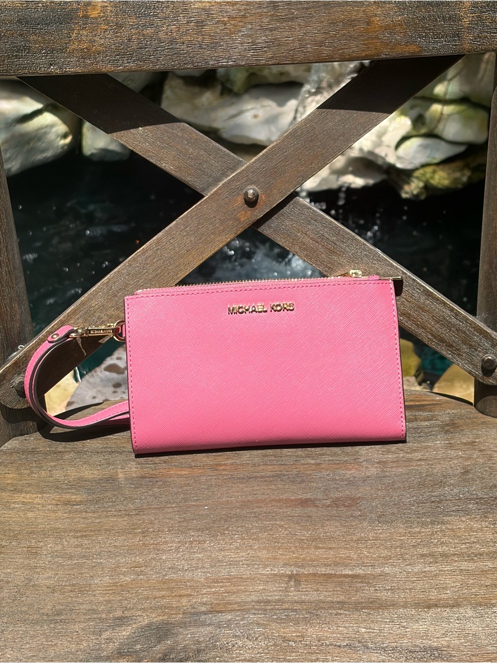 Michael Kors Pink Leather Wristlet Clutch with Gold Hardware
